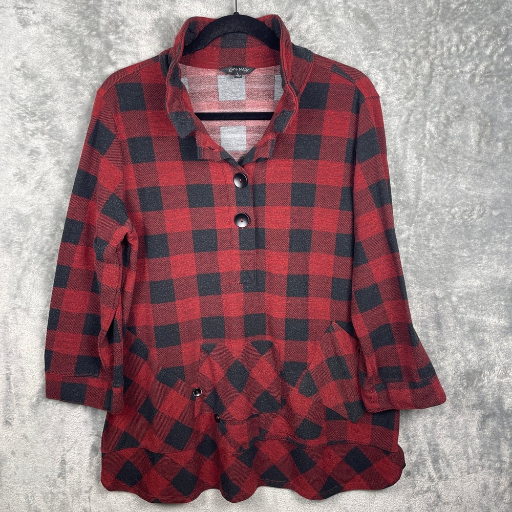 John Mark Buffalo Plaid Tunic Womens L Red Black Wire Collar Button Funnel Neck